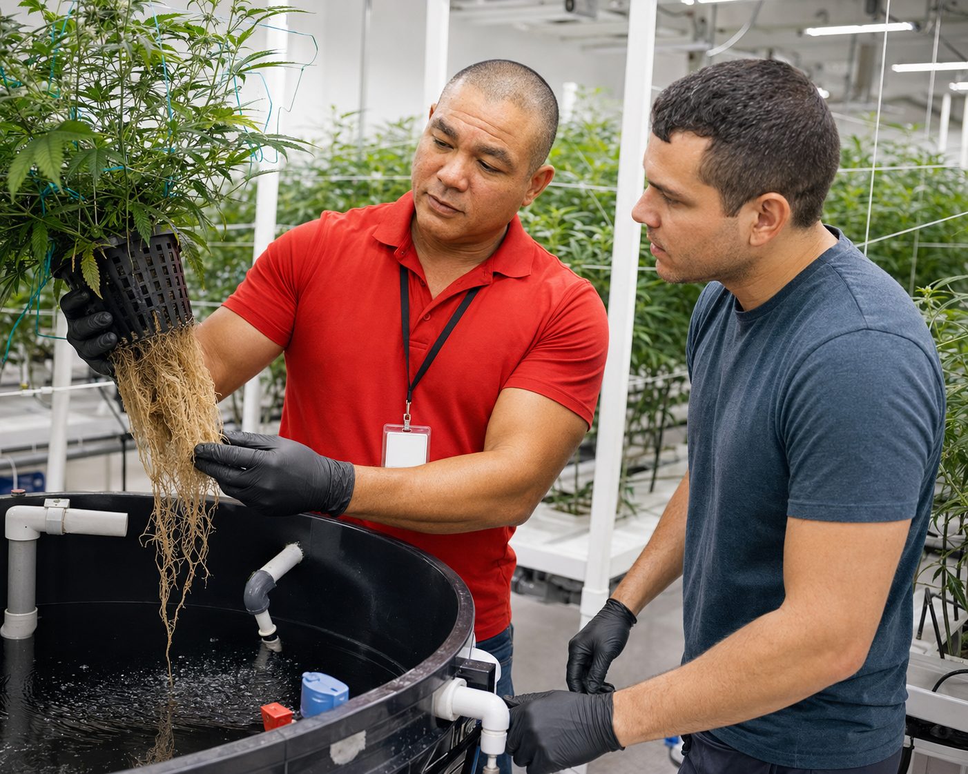 Devin Lockett inspecting hemp plants in the CBD Thang hydroponic cultivation grow